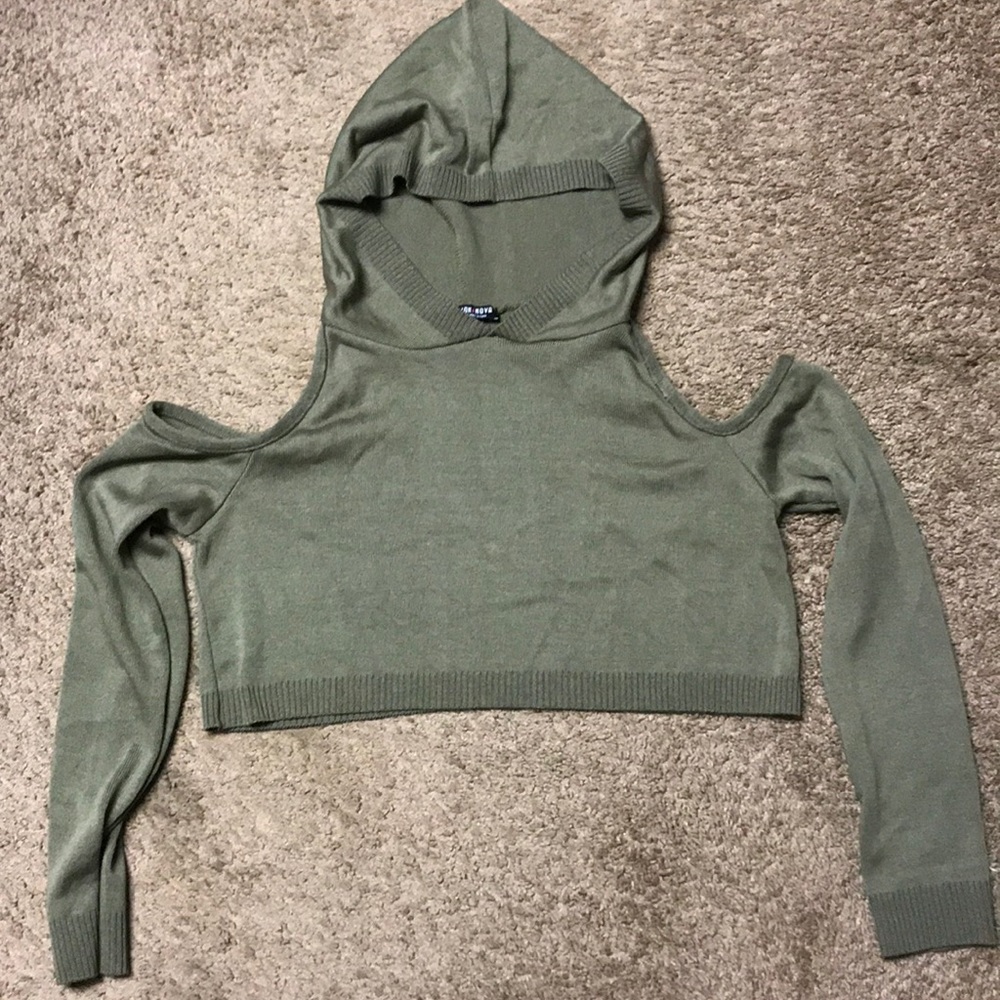 Hooded Crop top cold shoulder long sleeves